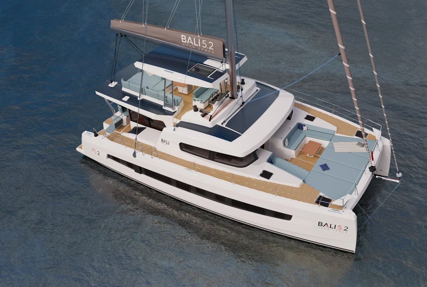 Aerial view of a Bali 5.2 catamaran and its flybridge