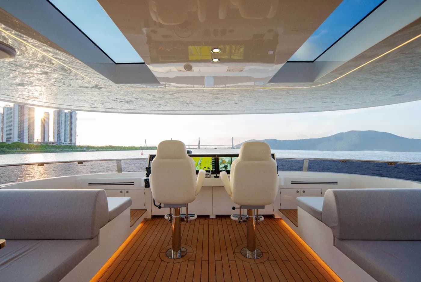 Flybridge helm and seating aboard a GranOcean catamaran