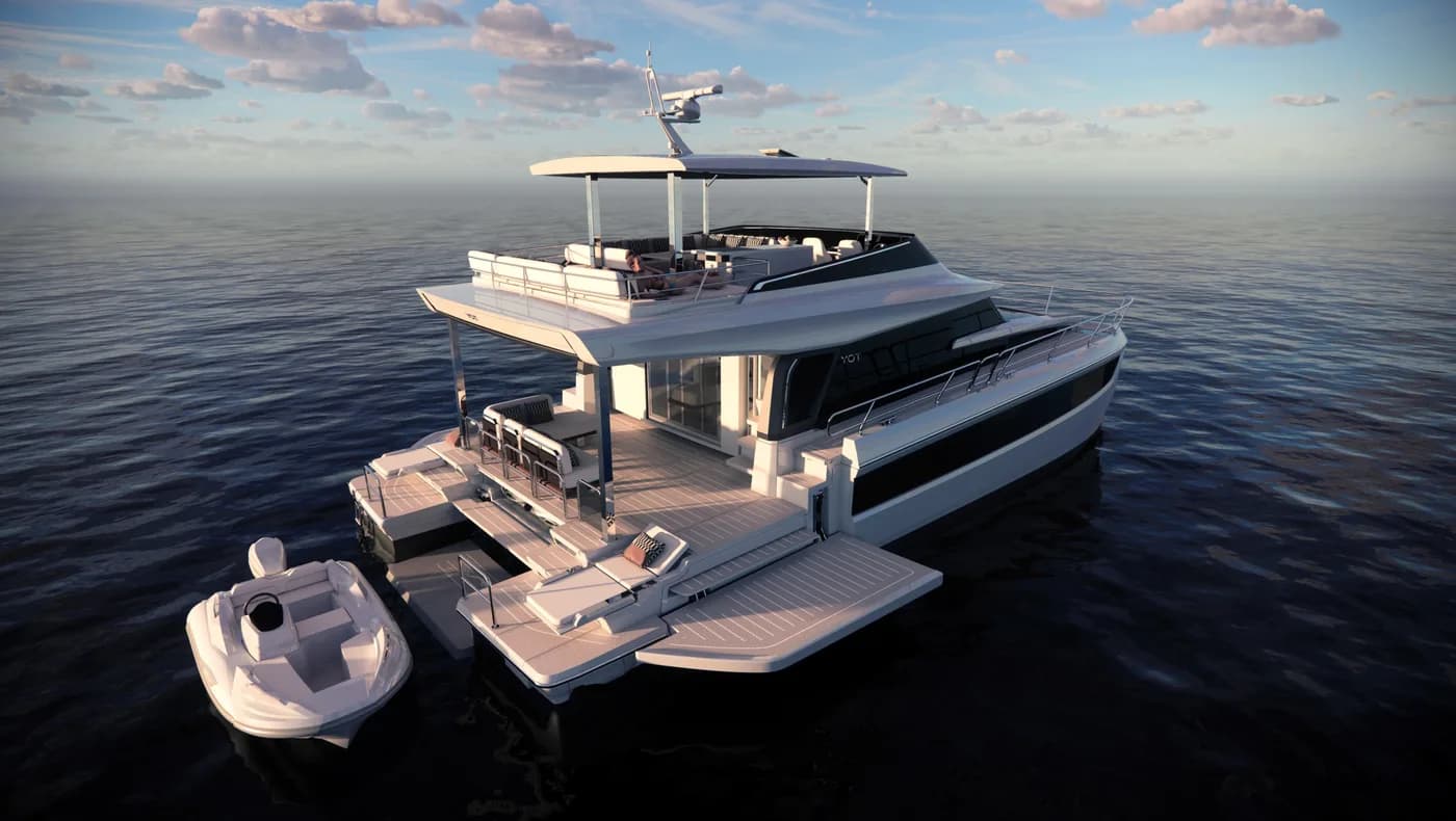 YOT 53 inboard power catamaran with its swim platforms